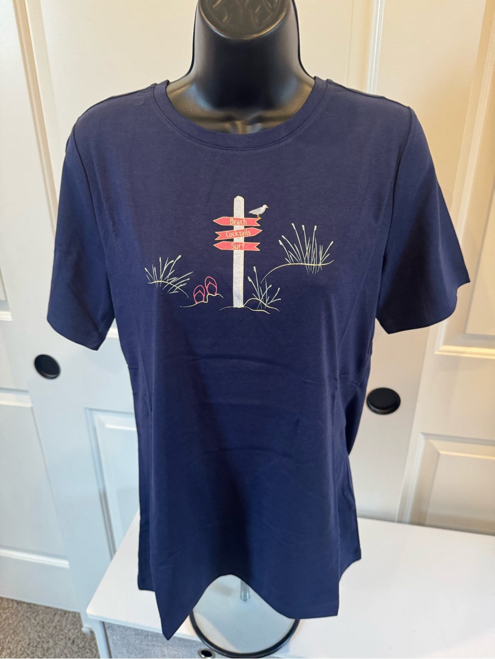 Denim&Co Navy Short-Sleeve Tee with Beach Sign Graphic